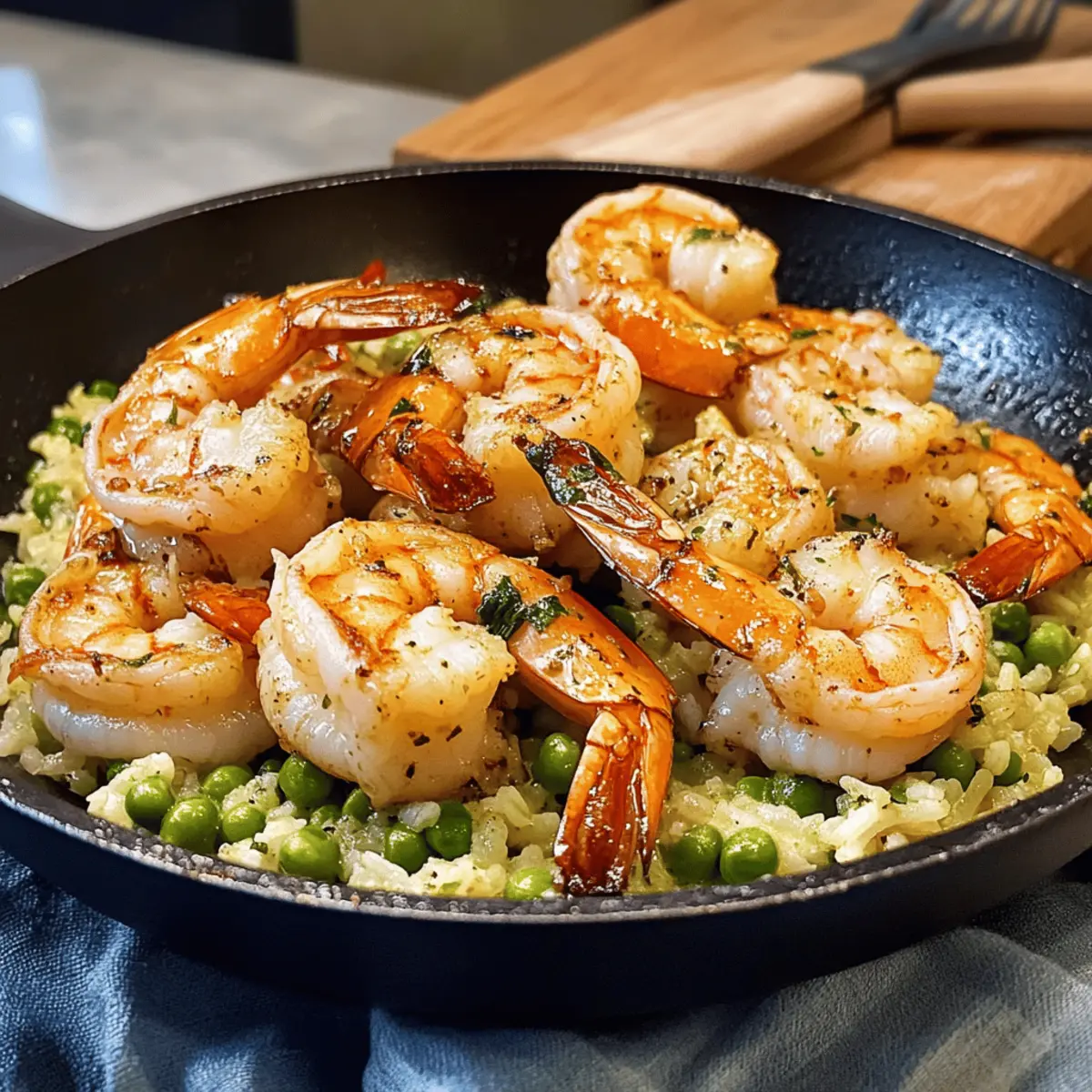 Mediterrane Knoblauch-Garnelen mit cremigem Erbsenreis