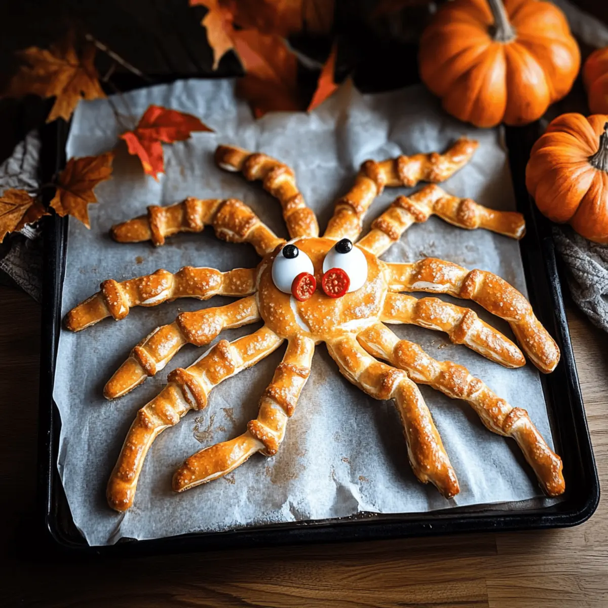 Spinne aus gefrorenen Laugenstangen für Halloween