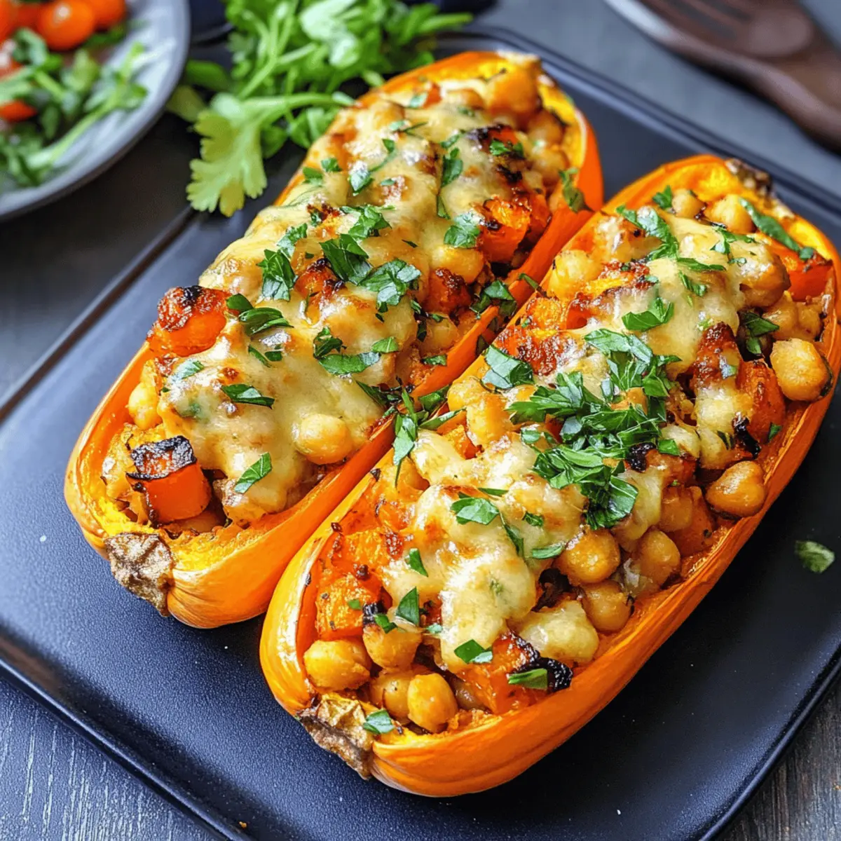 Veganer gefüllter Butternutkürbis aus dem Ofen