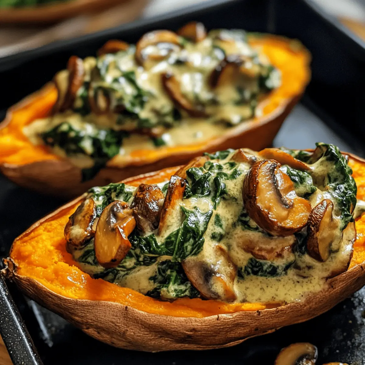 Cremige gefüllte Süßkartoffeln mit Pilzen und Spinat