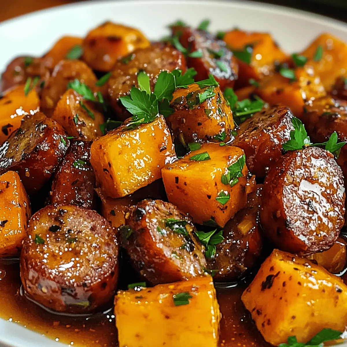 Sausage und Süßkartoffeln mit Honig-Knoblauchsauce