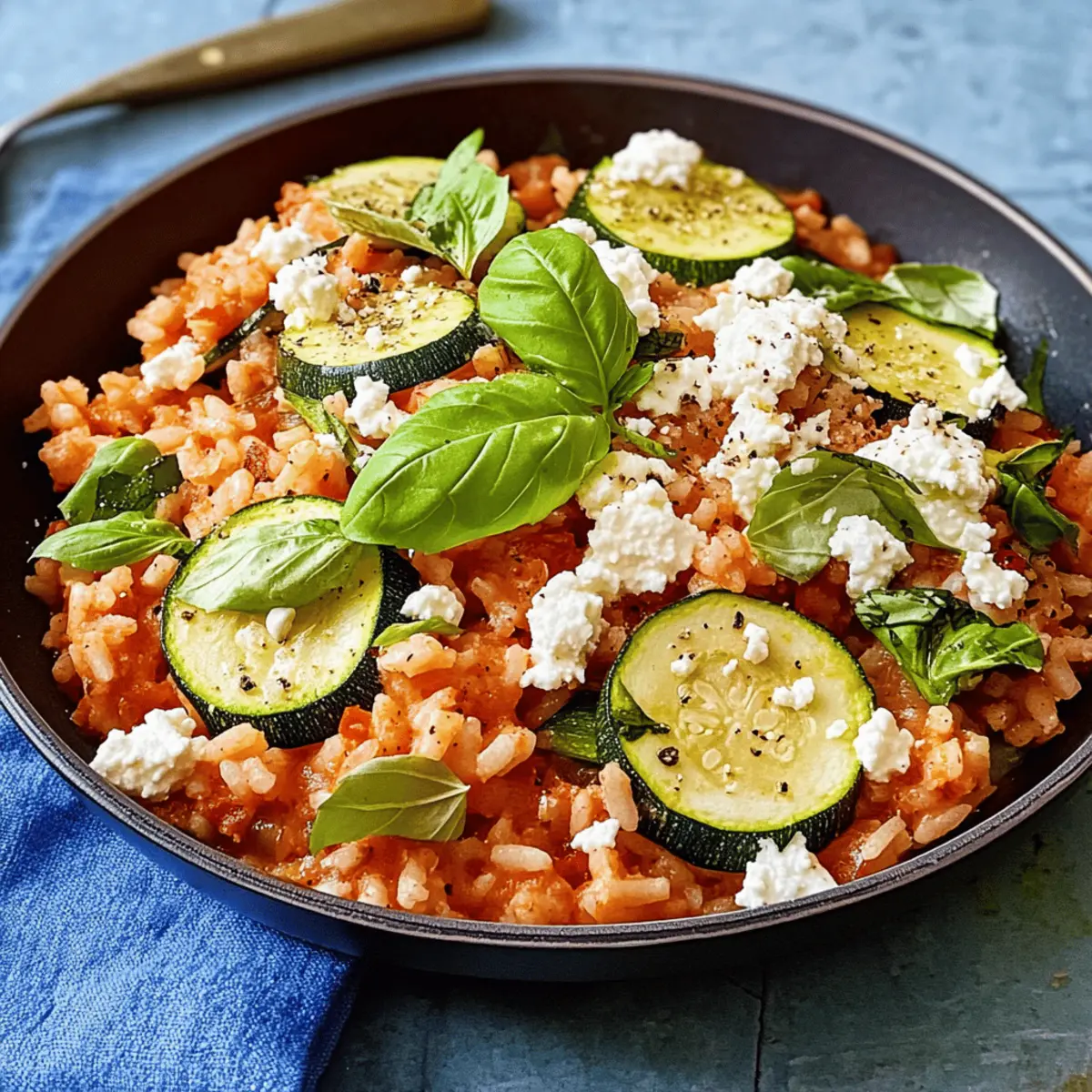 Mediterrane Zucchini-Pfanne mit Tomatenreis genießen