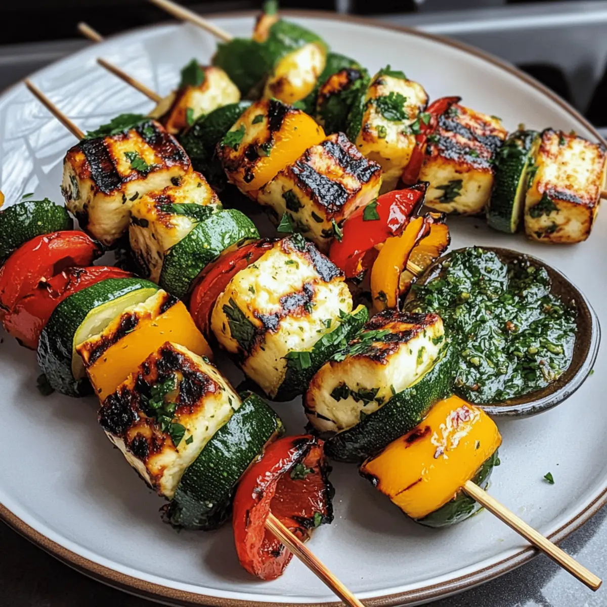 Grilled Vegetable Skewers mit Halloumi und Chimichurri