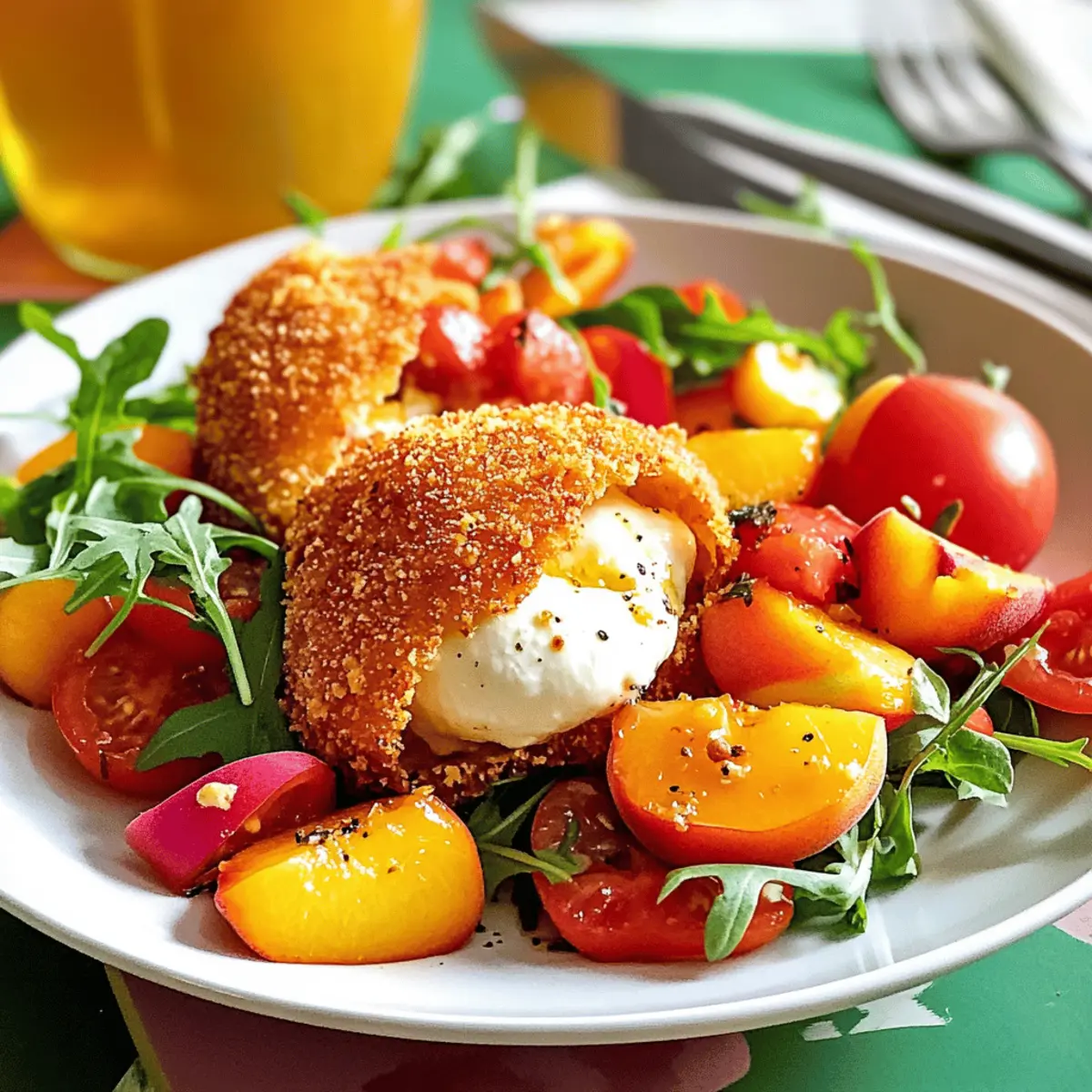 Frittierte Burrata auf Tomaten-Pfirsich-Salat genießen