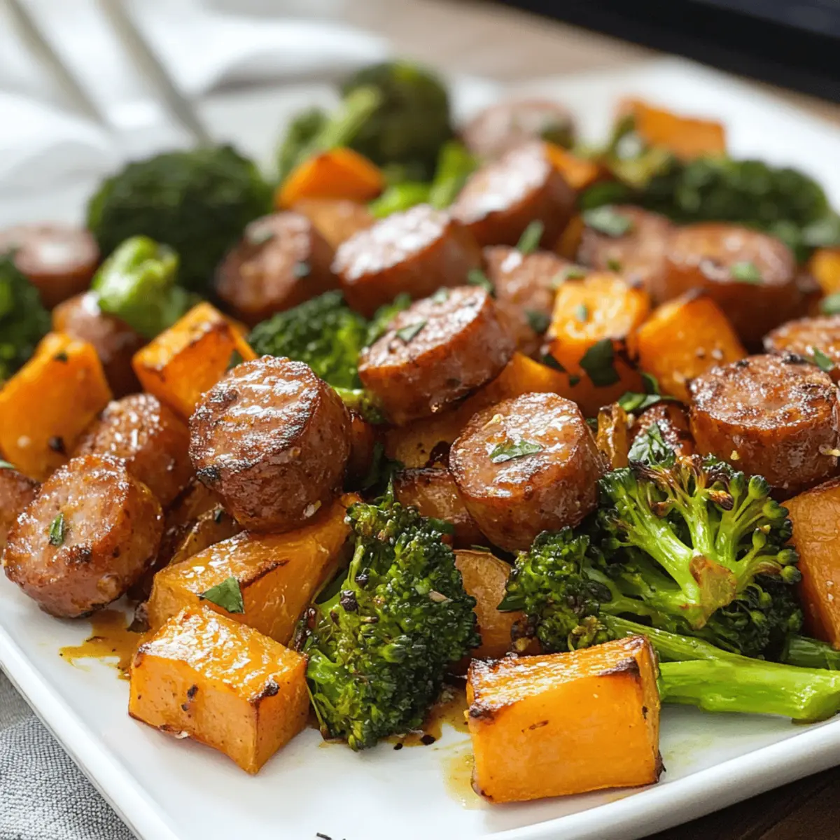 Knusprige Wurst-Süßkartoffel-Blechpfanne mit Honig