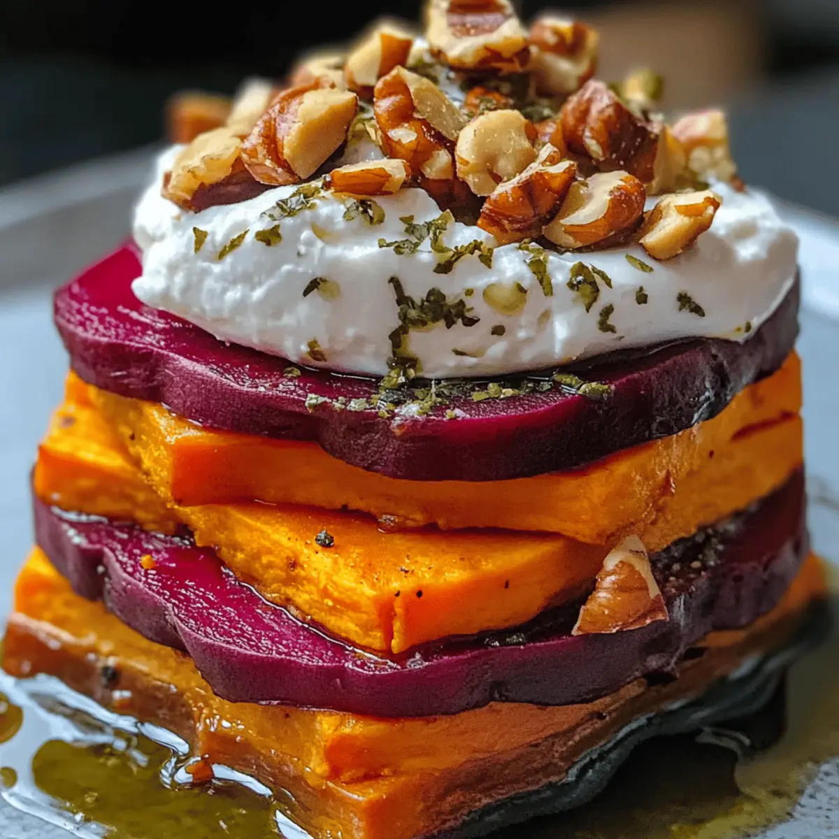 Süßkartoffel-Beta-Stack mit Burrata und Walnüssen