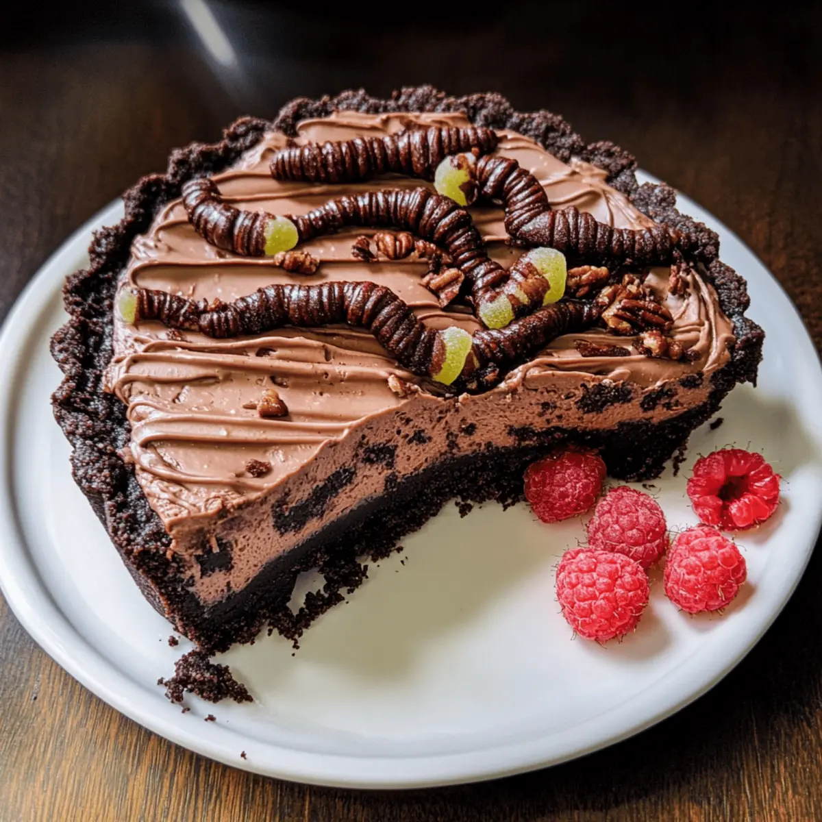 Dunkle Schokolade Pekannuss Mousse Tarte mit Würmern