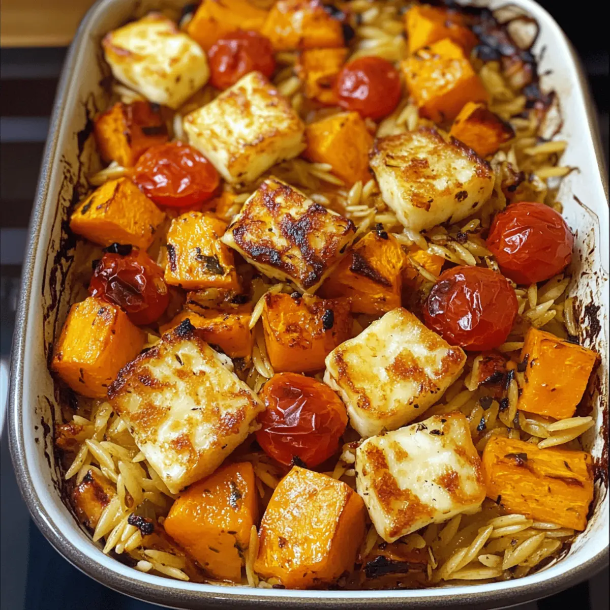 Herbstlicher Halloumi Orzo Auflauf für deine Wohlfühlküche