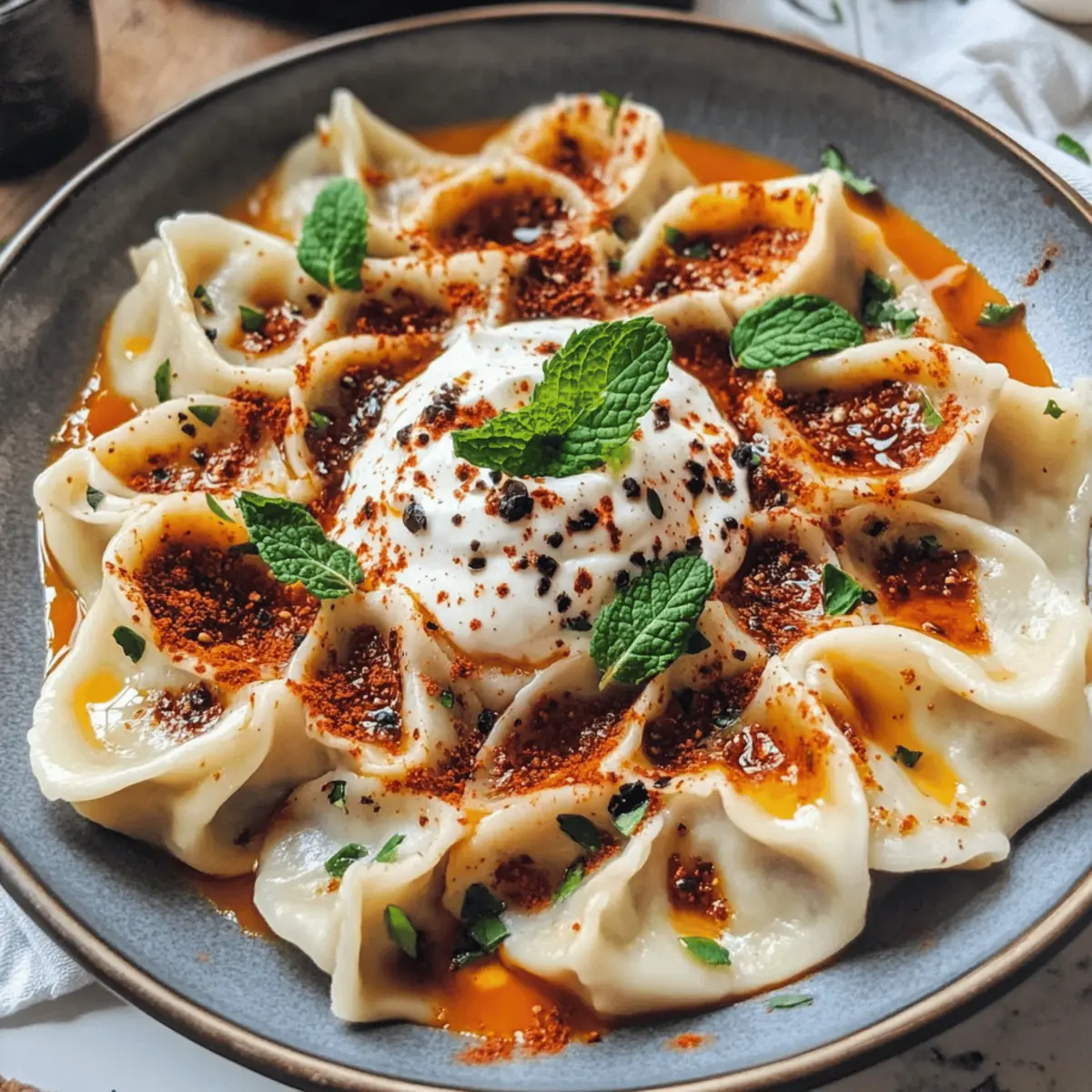 Veganer Manti Teigtaschen mit cremiger Sauce