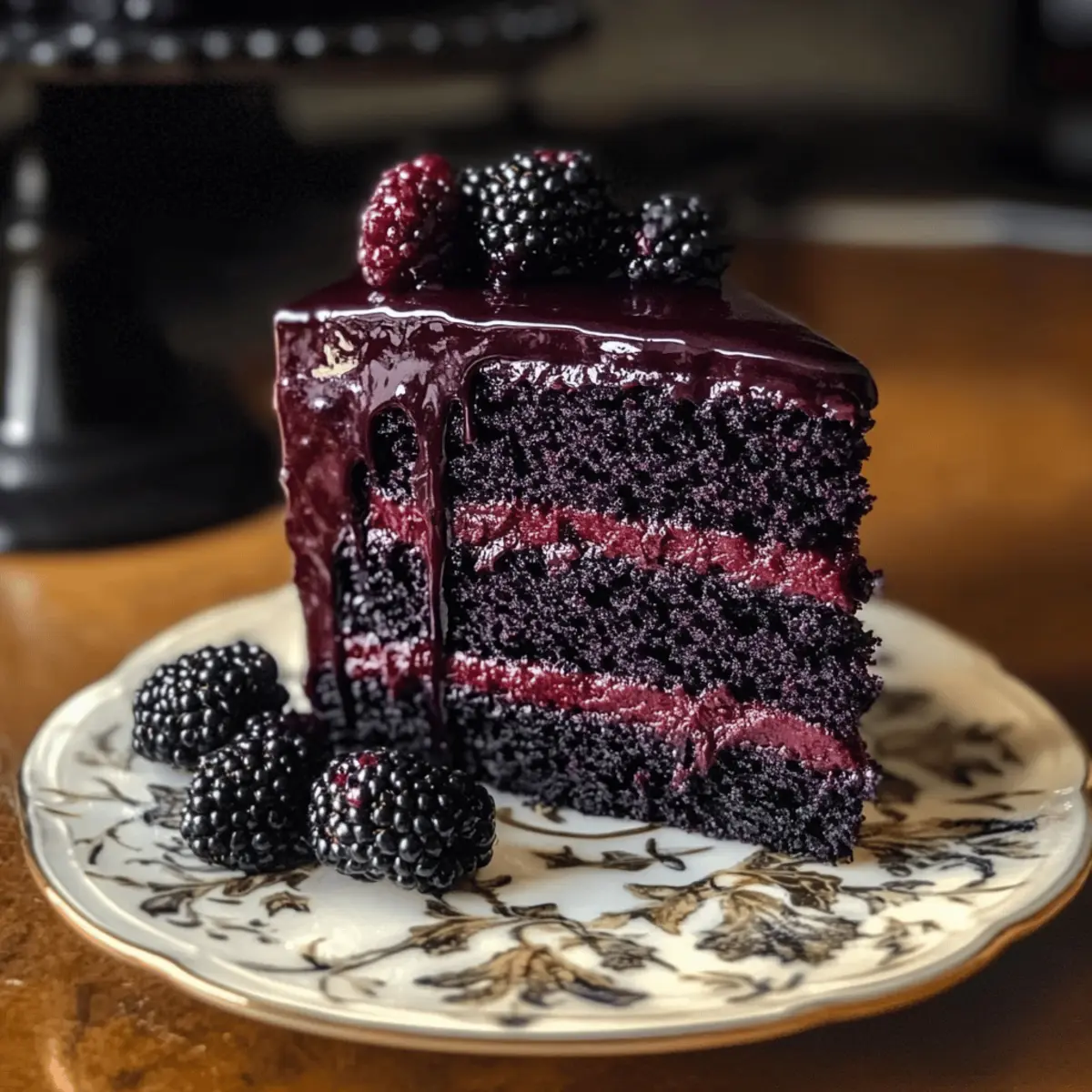 Schwarzer Samt Halloween Kuchen mit Brombeerfüllung