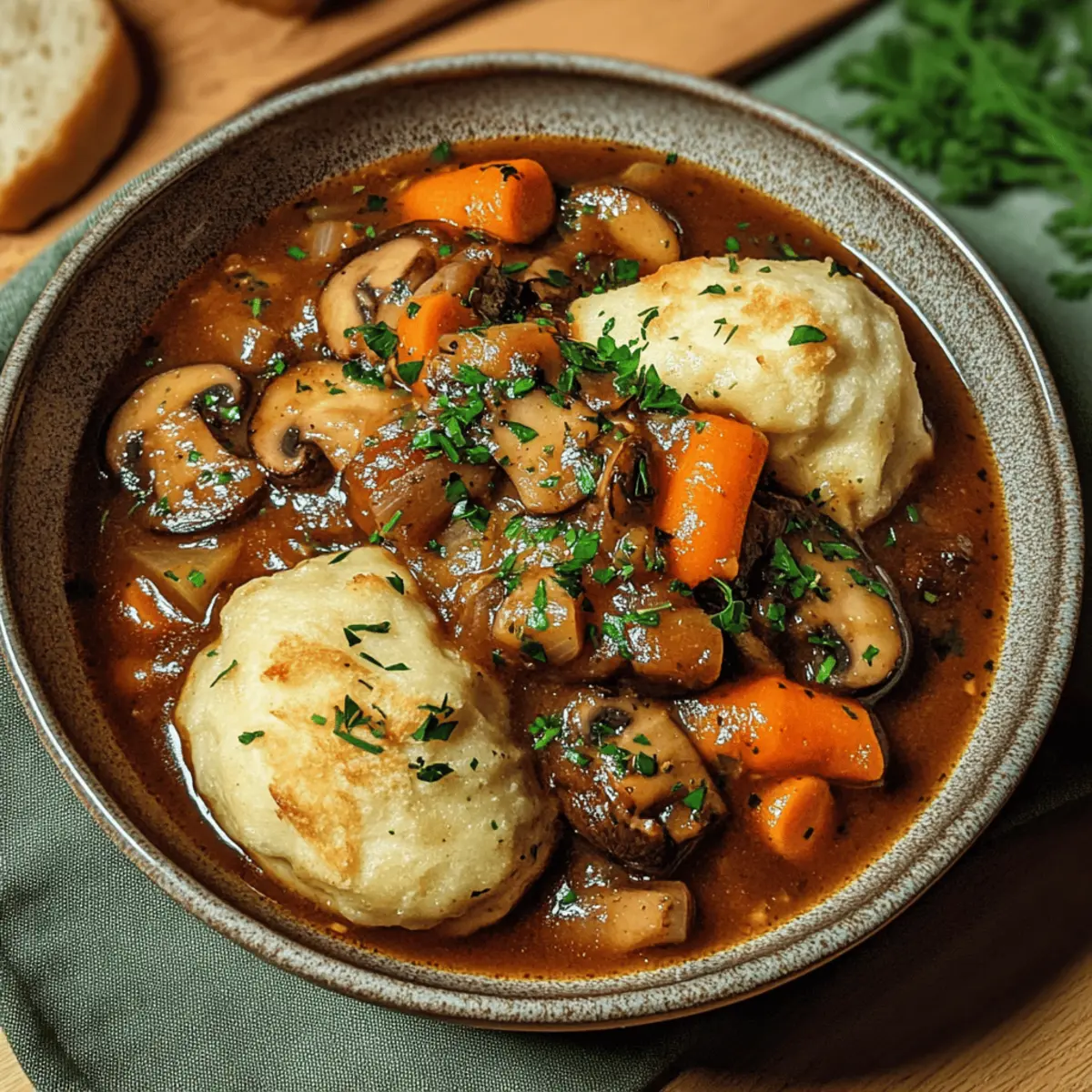 Vegan Gulasch mit Pilzen und Semmelknödeln