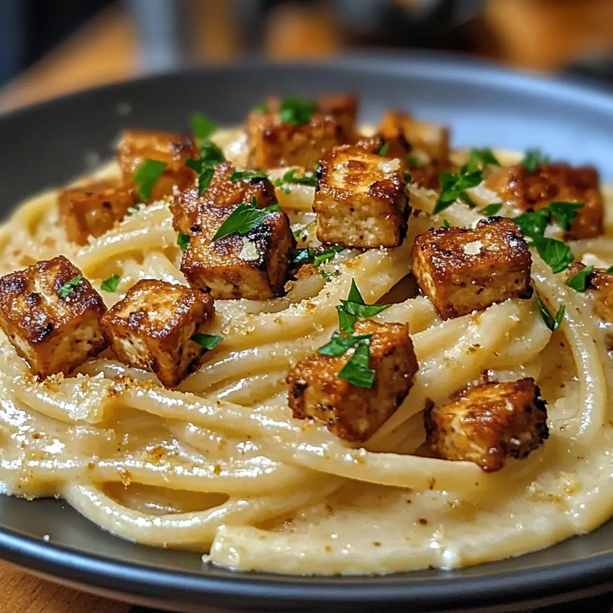 Geräucherte Tofu-Carbonara für den schnellen Genuss