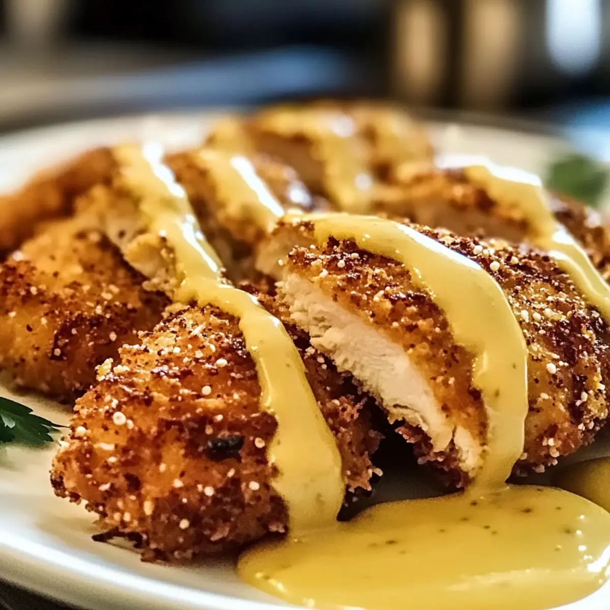 Hähnchen mit Brezelkruste und Honig-Senf-Sauce