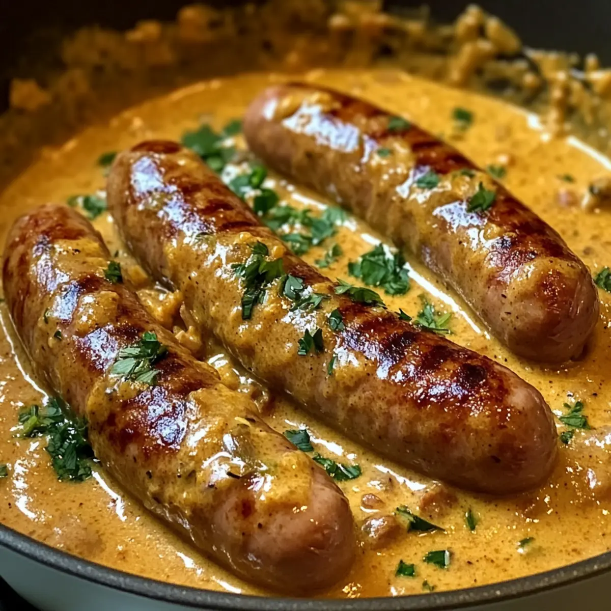 Herzhafte Bratwurst in Zwiebel-Curry-Sahnesauce genießen