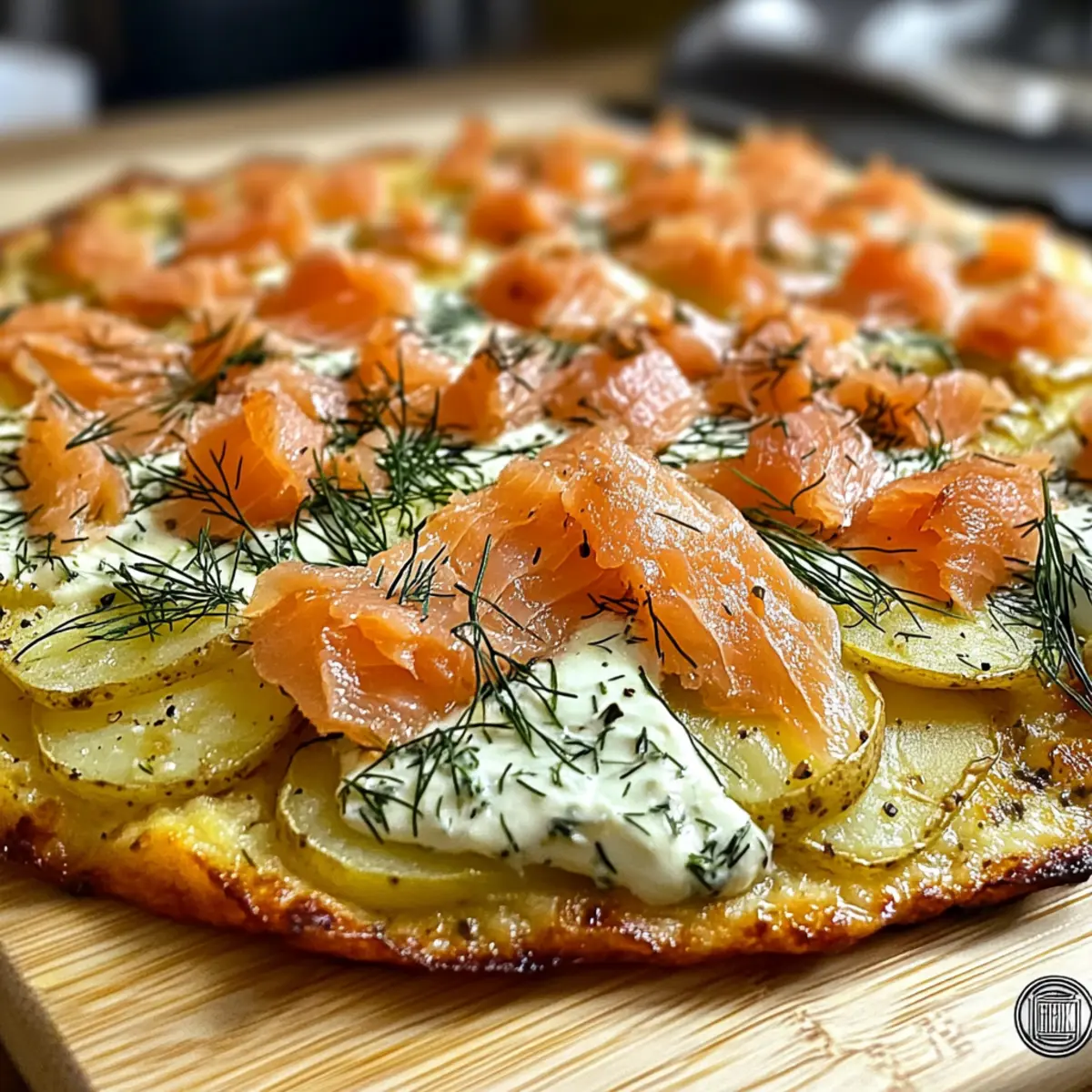Kartoffelpizza mit geräuchertem Lachs für Feinschmecker