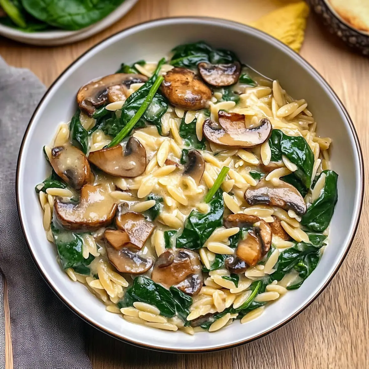 Orzo-Gericht mit Pilzen und Spinat für jeden Tag