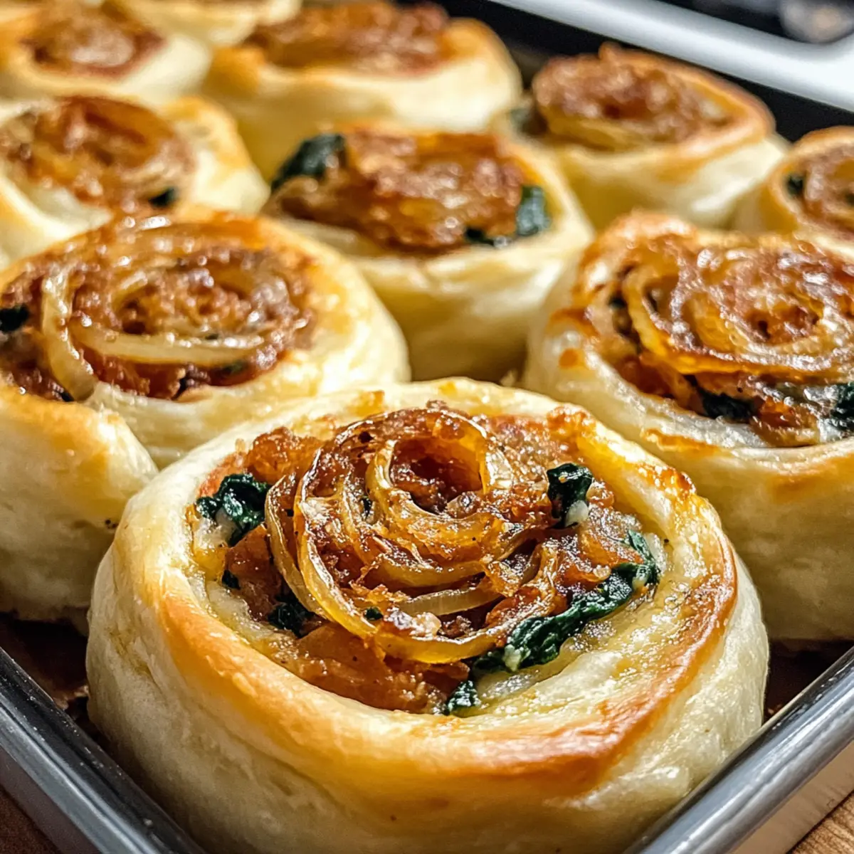 Vegane karamellisierte Zwiebel- und Spinat-Pizzarollen