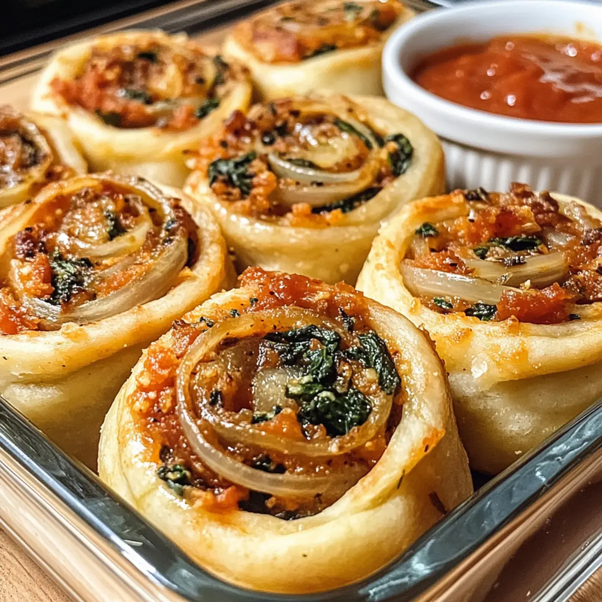 Vegane karamellisierte Zwiebel- und Spinat-Pizza-Rollen