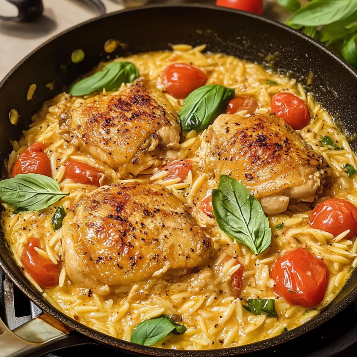 30 Minuten Ein-Pfannen-Hühnchen-Orzo mit Tomaten