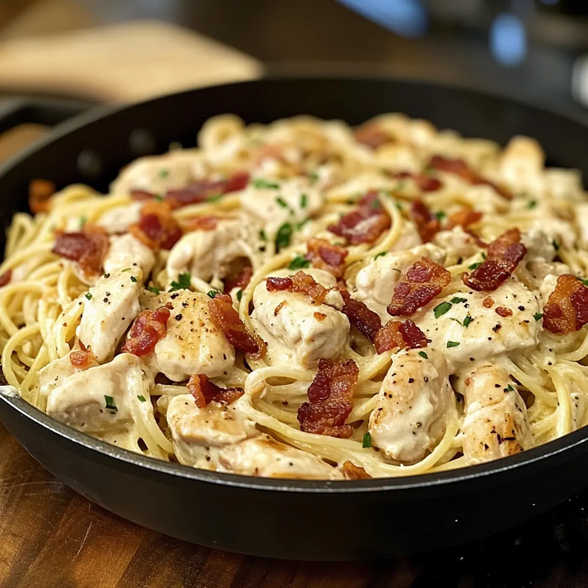 Frischkäse Speck Hähnchen Pasta für stressfreie Abende