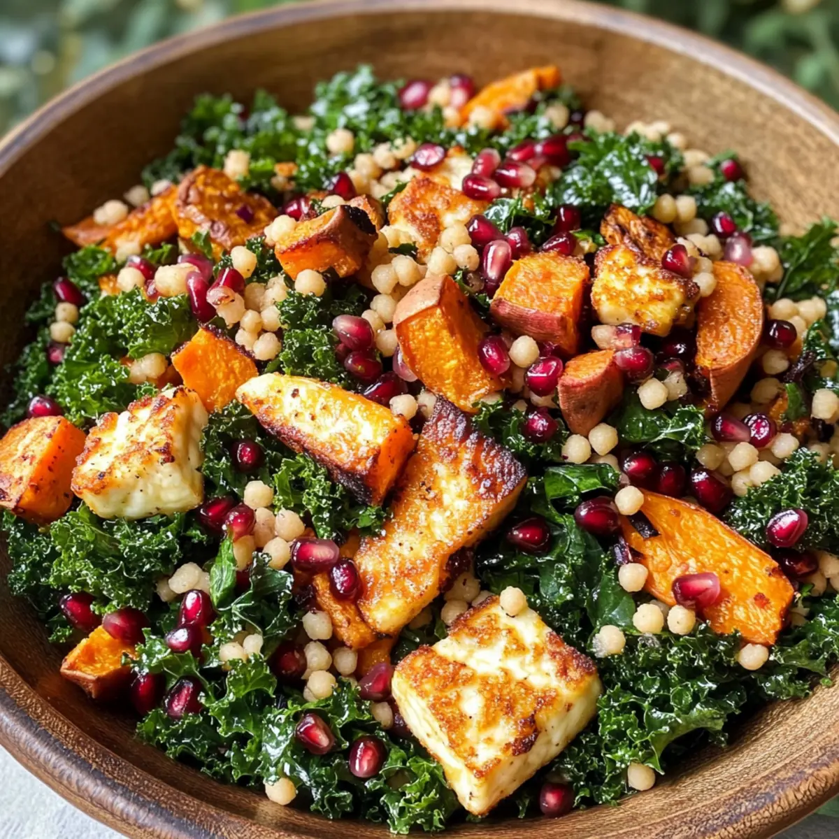 Knuspriger Halloumi-Salat mit Grünkohl und Granatapfel