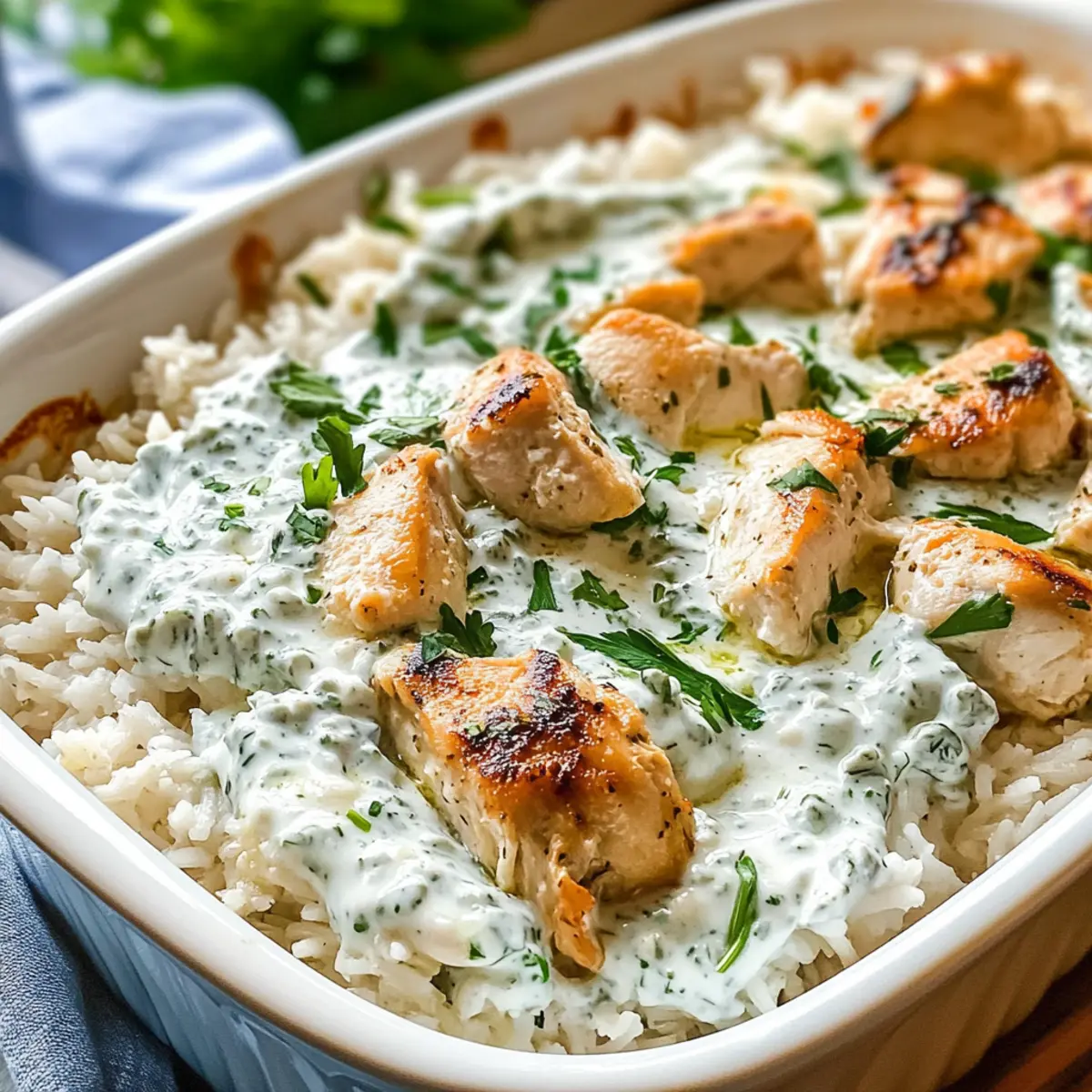 Dump-and-Bake Hähnchen Tzatziki mit Reis Rezept