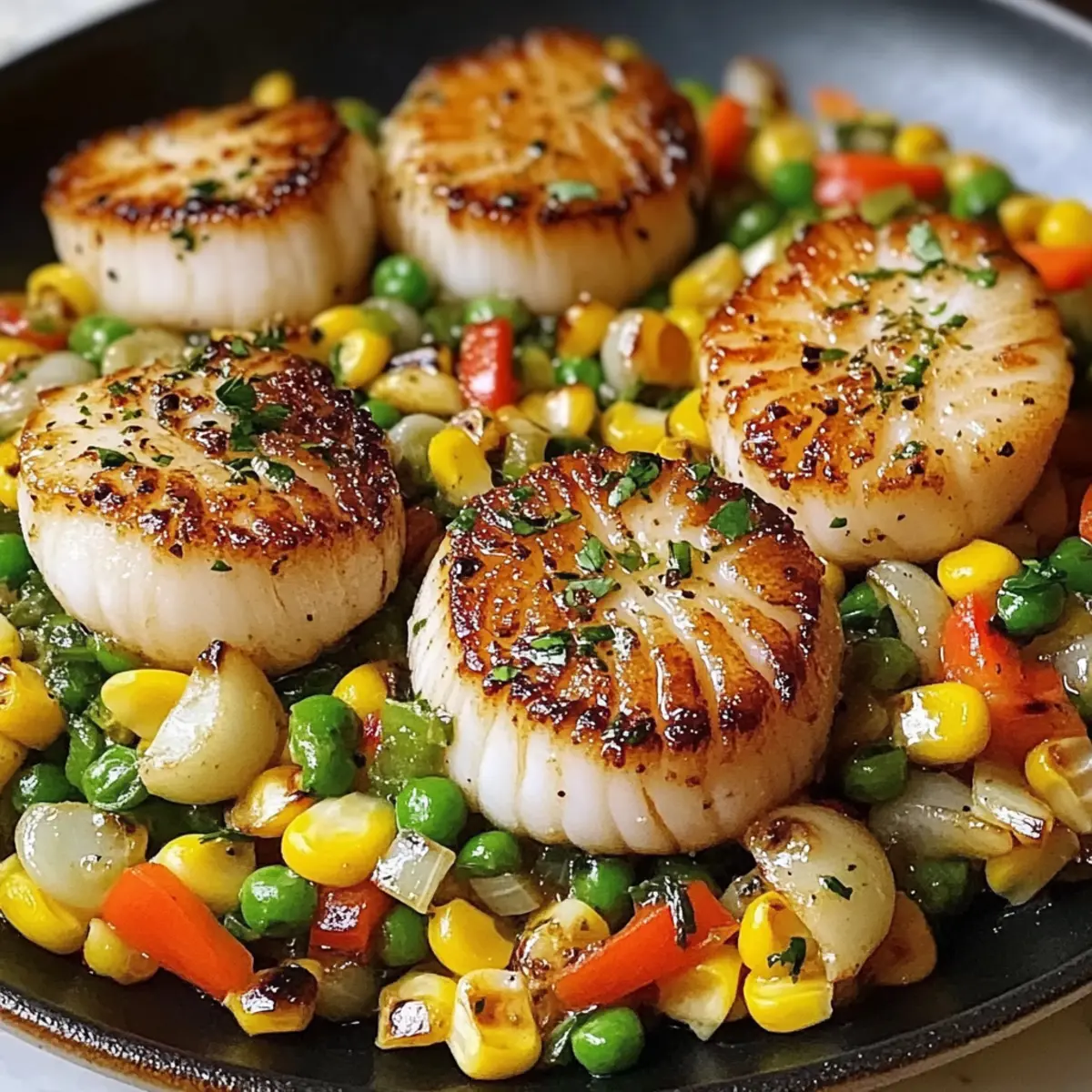 Knoblauchbutterjakobsmuscheln mit Succotash genießen
