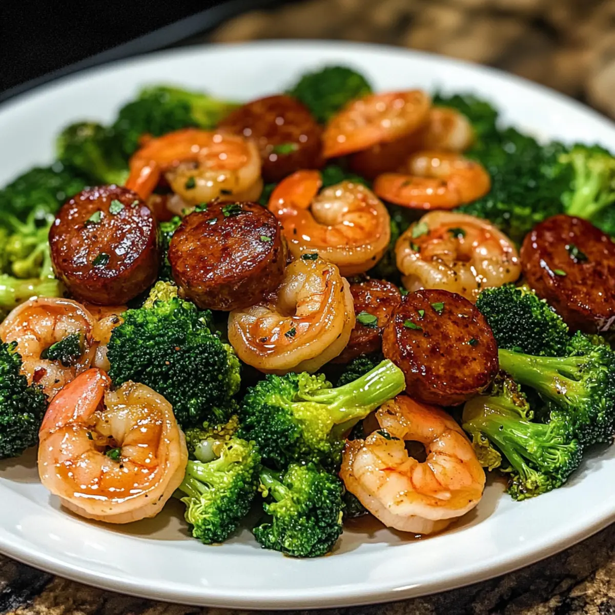 Honig-Knoblauch-Garnelen mit Putenwurst und Brokkoli