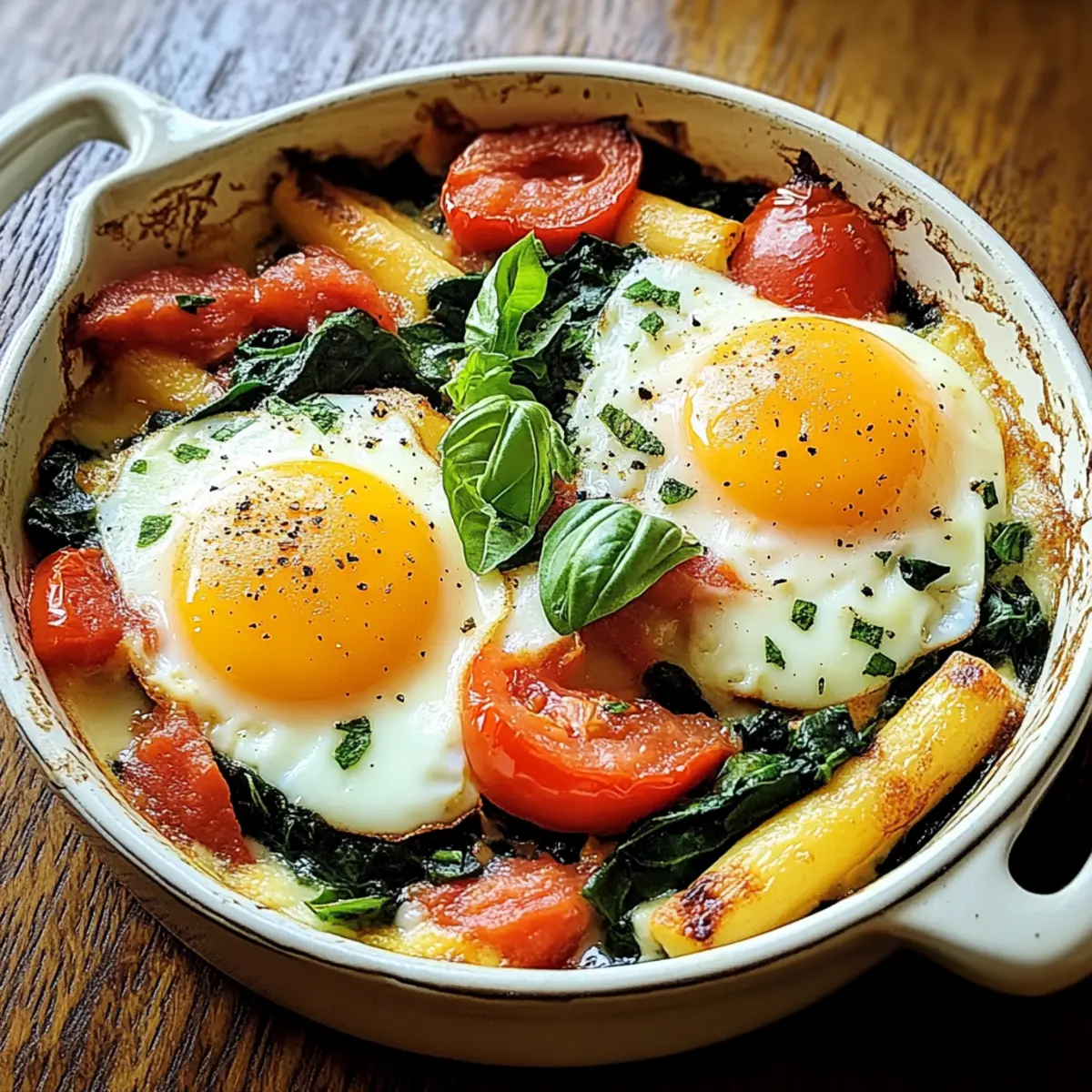 Italienische gebackene Eier mit Spinat und Tomaten entfesseln