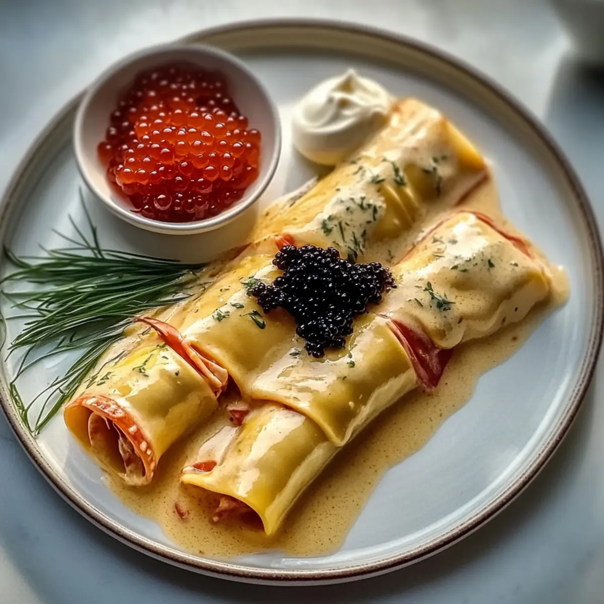 Langustine-Cannelloni mit Hummerbisque und Kaviar