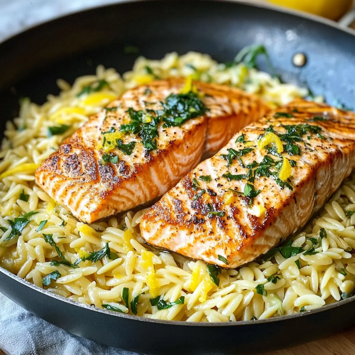 Ein-Pfannen-Lachs mit Zitronen-Orzo in 30 Minuten