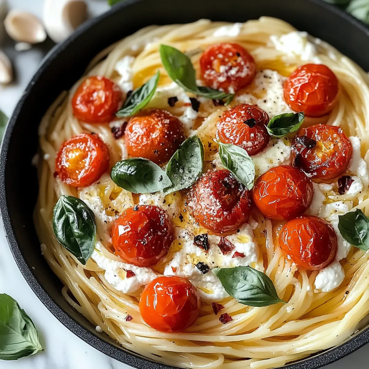 Geröstete Tomaten und Knoblauch Ricotta Pasta genießen