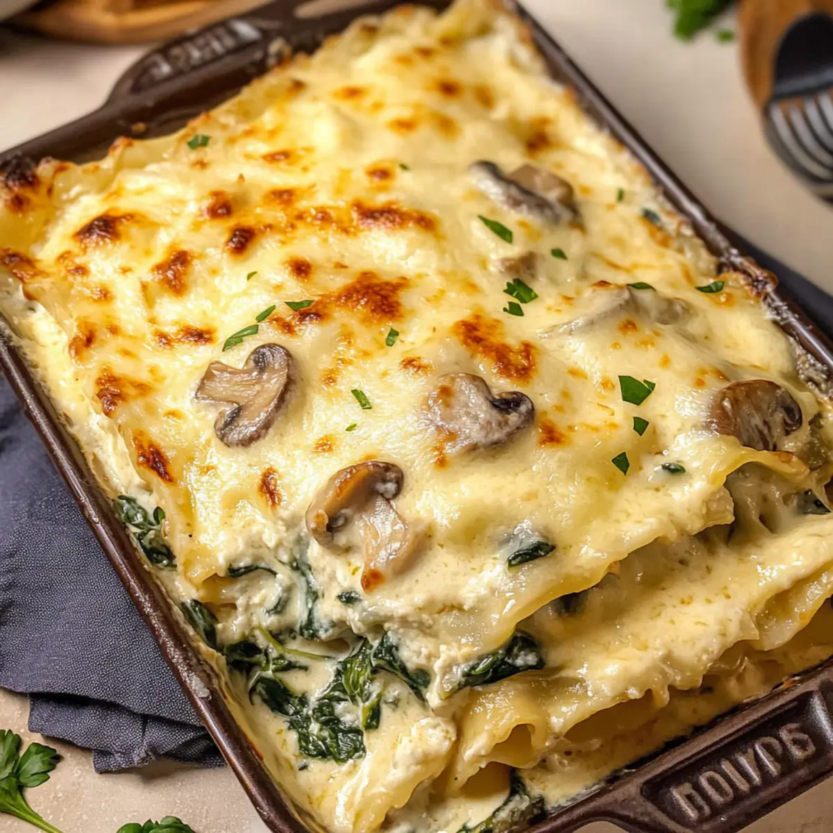 Weiße Lasagne mit Spinat und Pilzen für Genussmoment