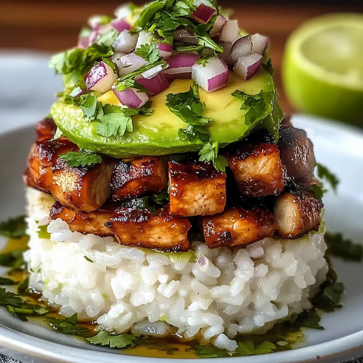 Avocado-Reis-Stapel mit gegrilltem Hähnchen Rezept