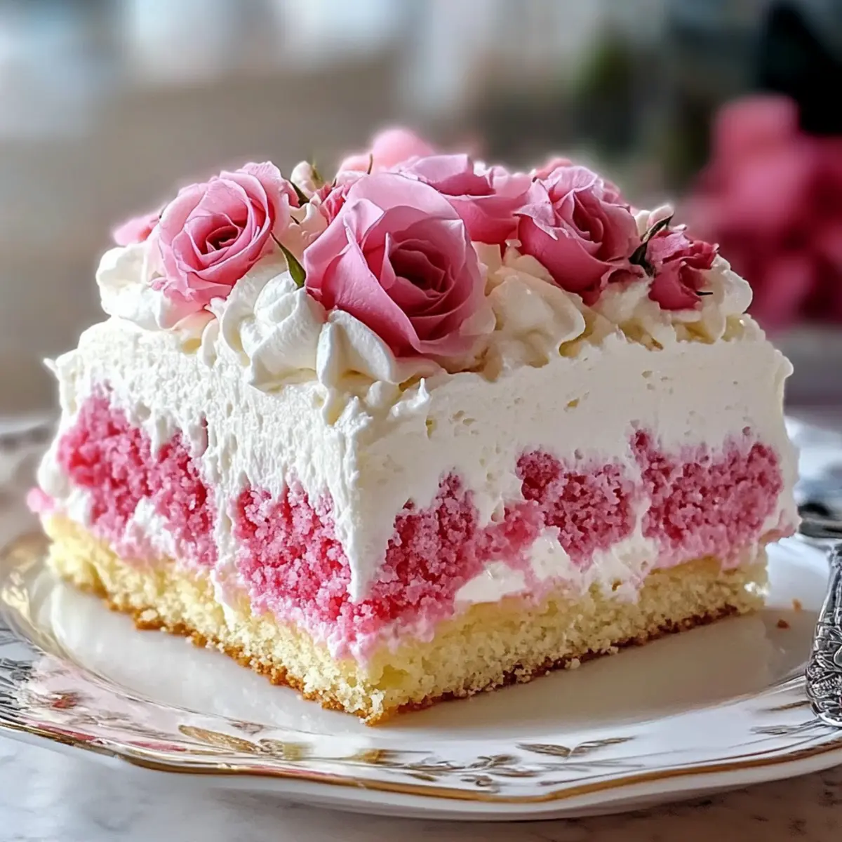 Lecker Süßer Rosen Poke Kuchen mit Schlagsahne