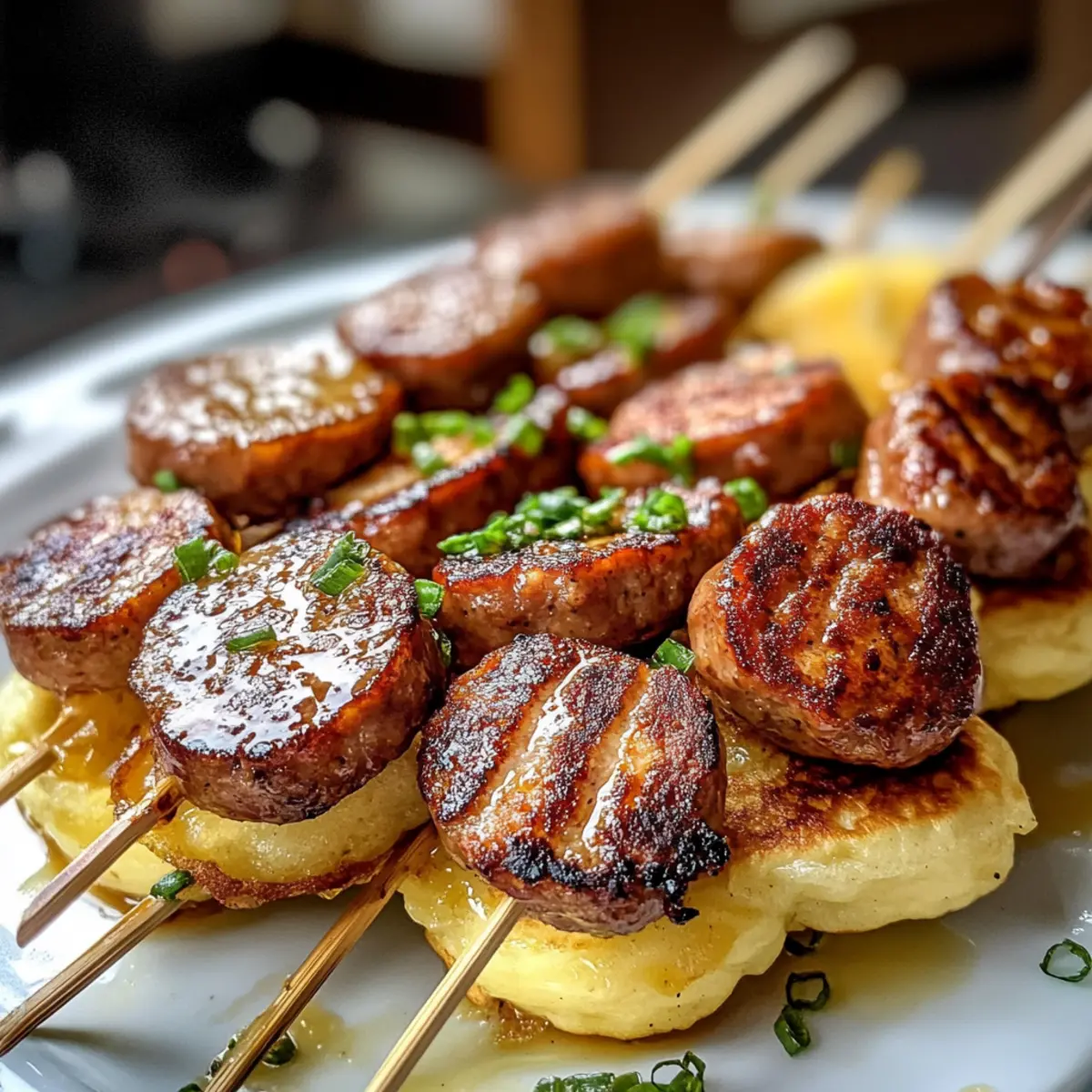 Einfache Frühstücks-Pfannkuchen und Rinderwurst-Spieße