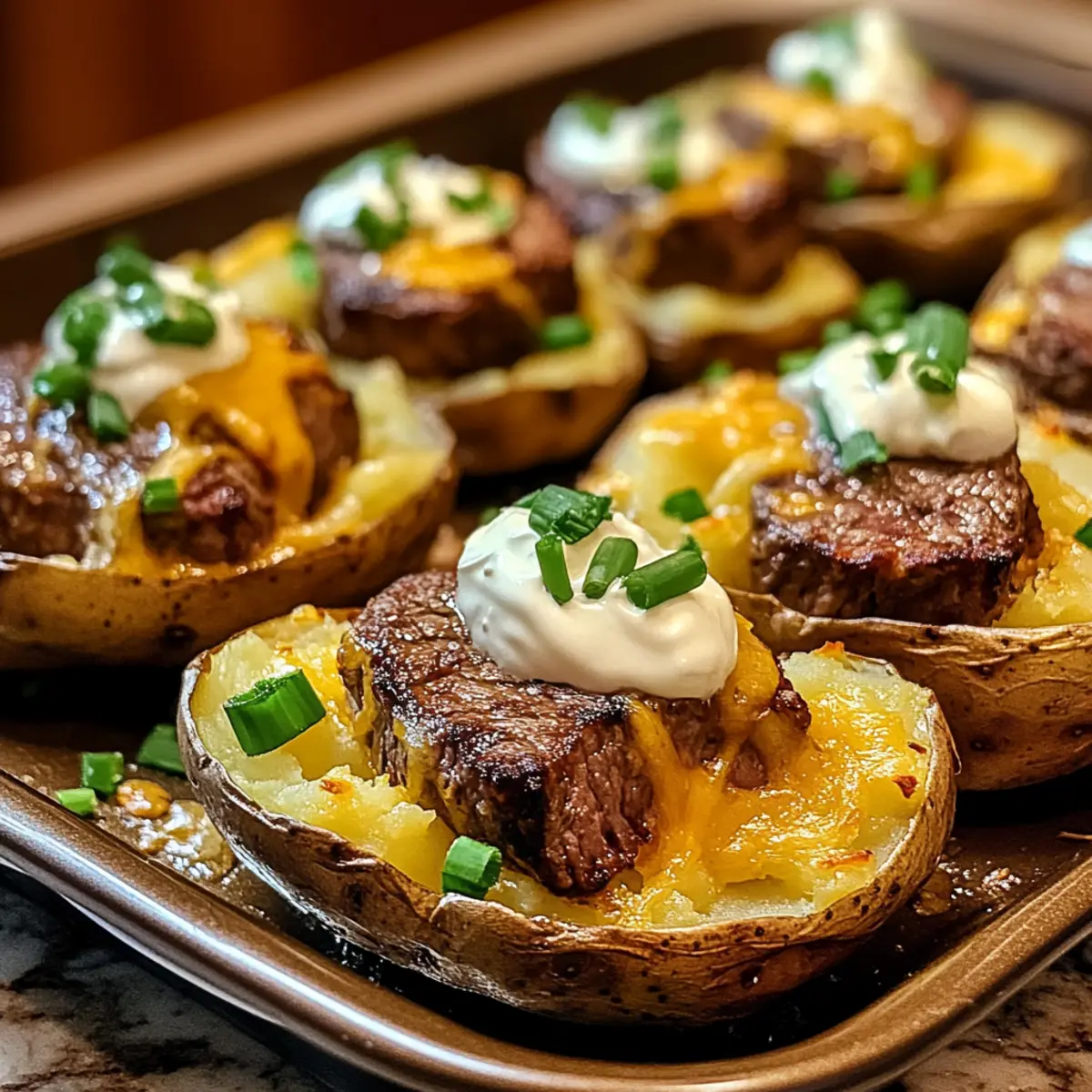 Steakstückchen auf beladenen Ofenkartoffeln genießen
