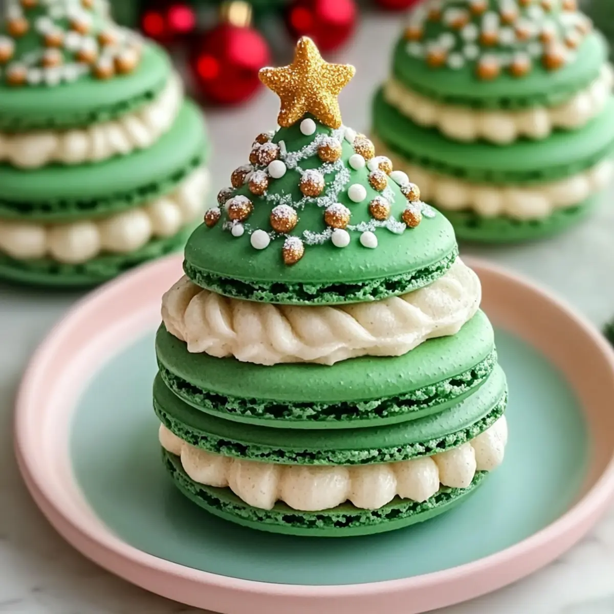 Verspielte Weihnachtsbaum Kuchen Macarons für die Feiertage