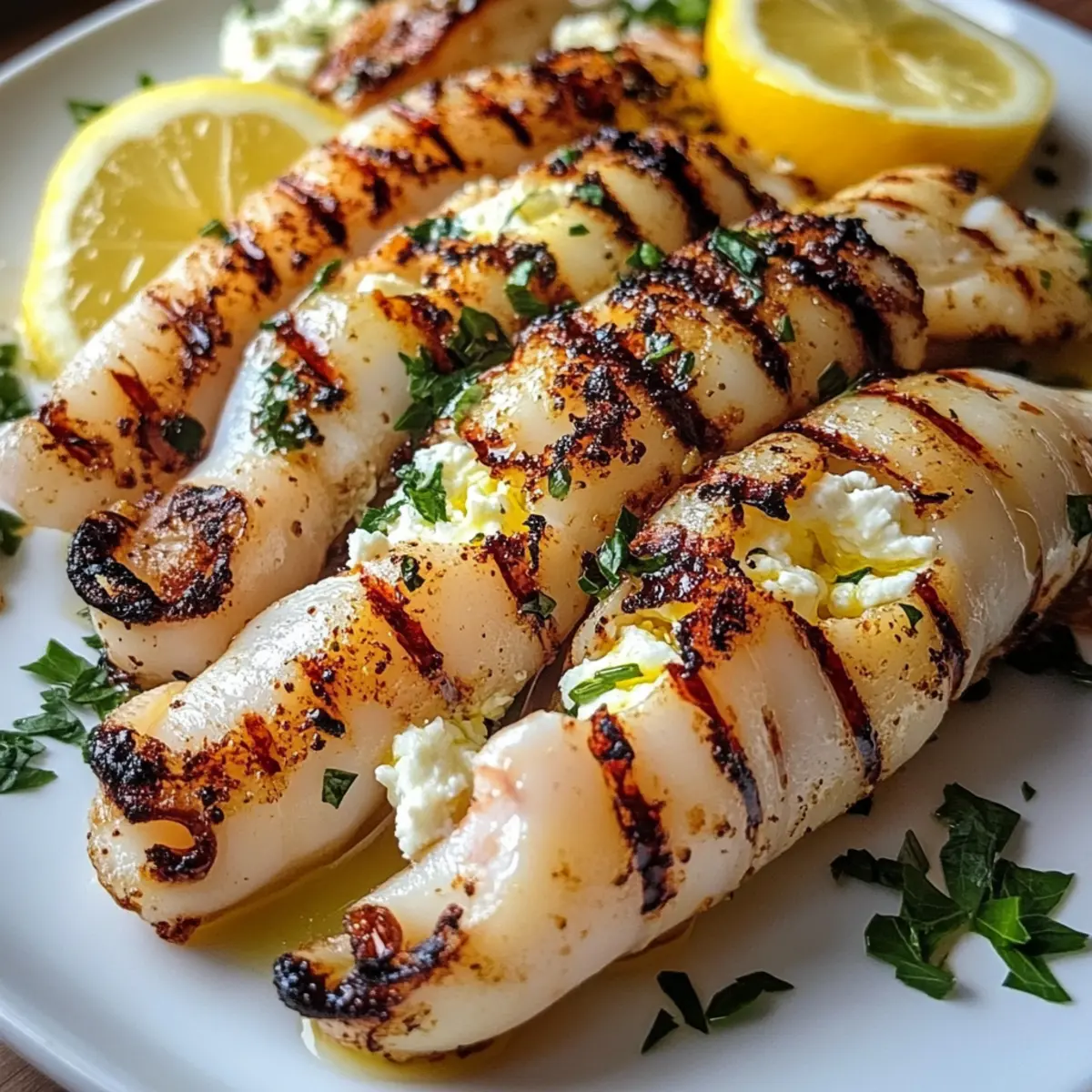 Knoblauchige gegrillte Tintefische mit Fetafüllung