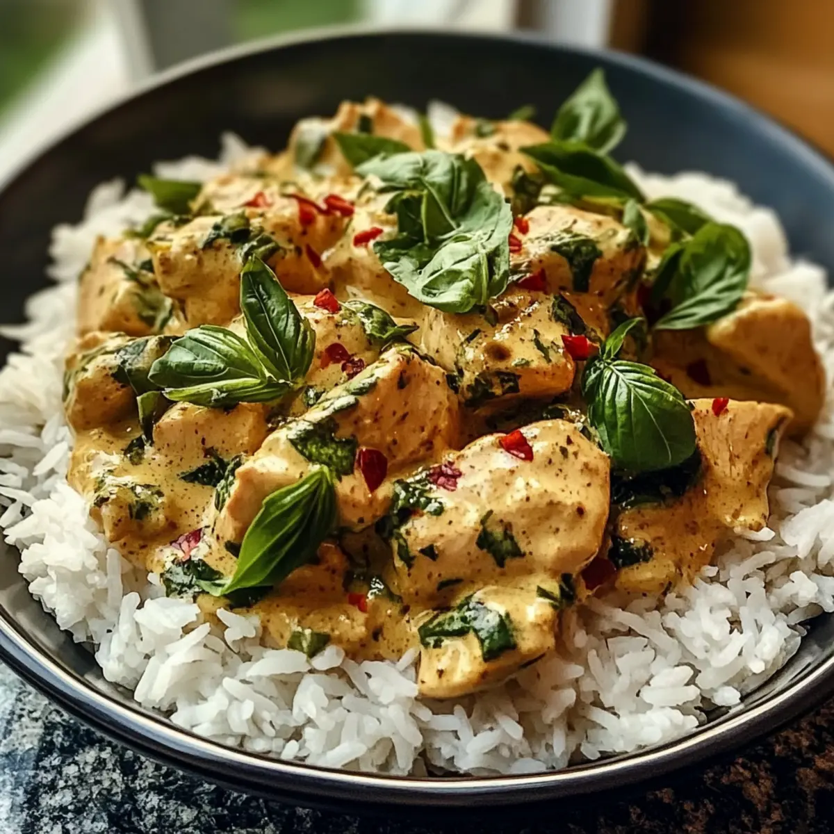 Gewürztes Kokosnuss-Basilikum-Hühnchen mit Reis