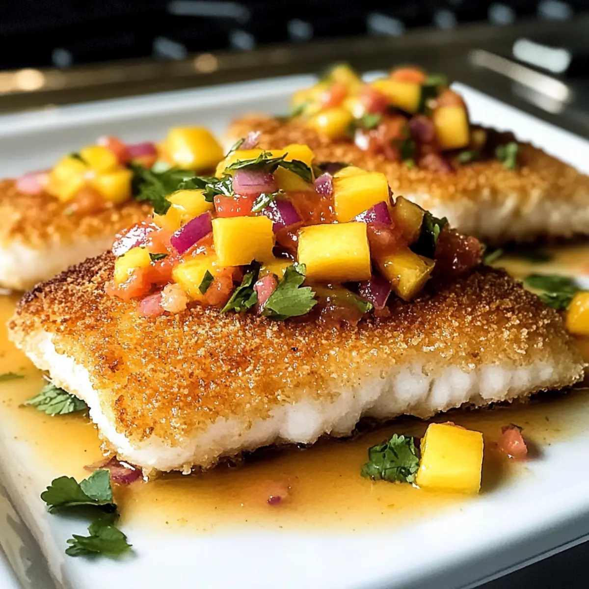 Tropischer Kokosnuss-panierter Fisch mit Mangosalsa