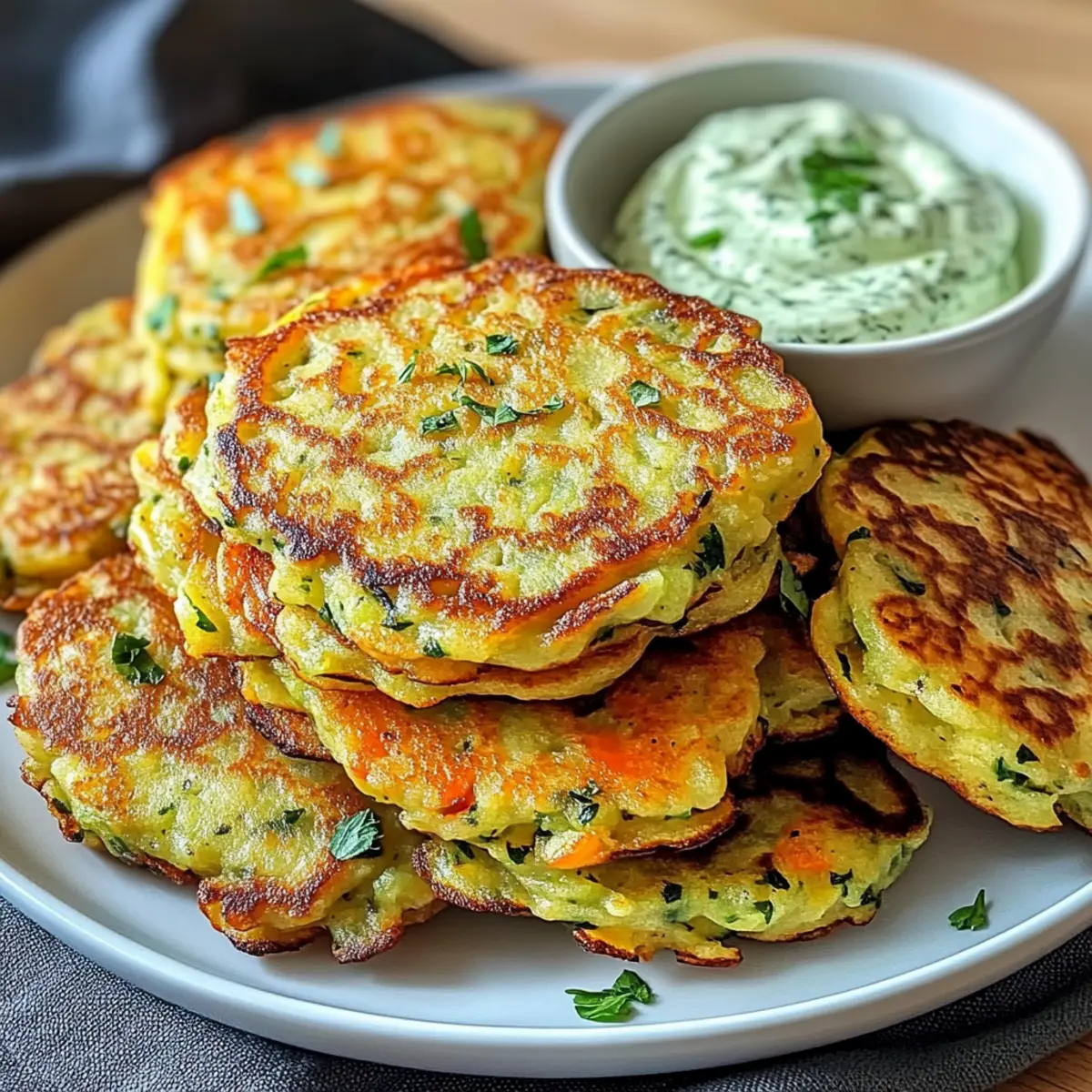Gemüsepfannkuchen mit Kräuterdip schnell zubereiten