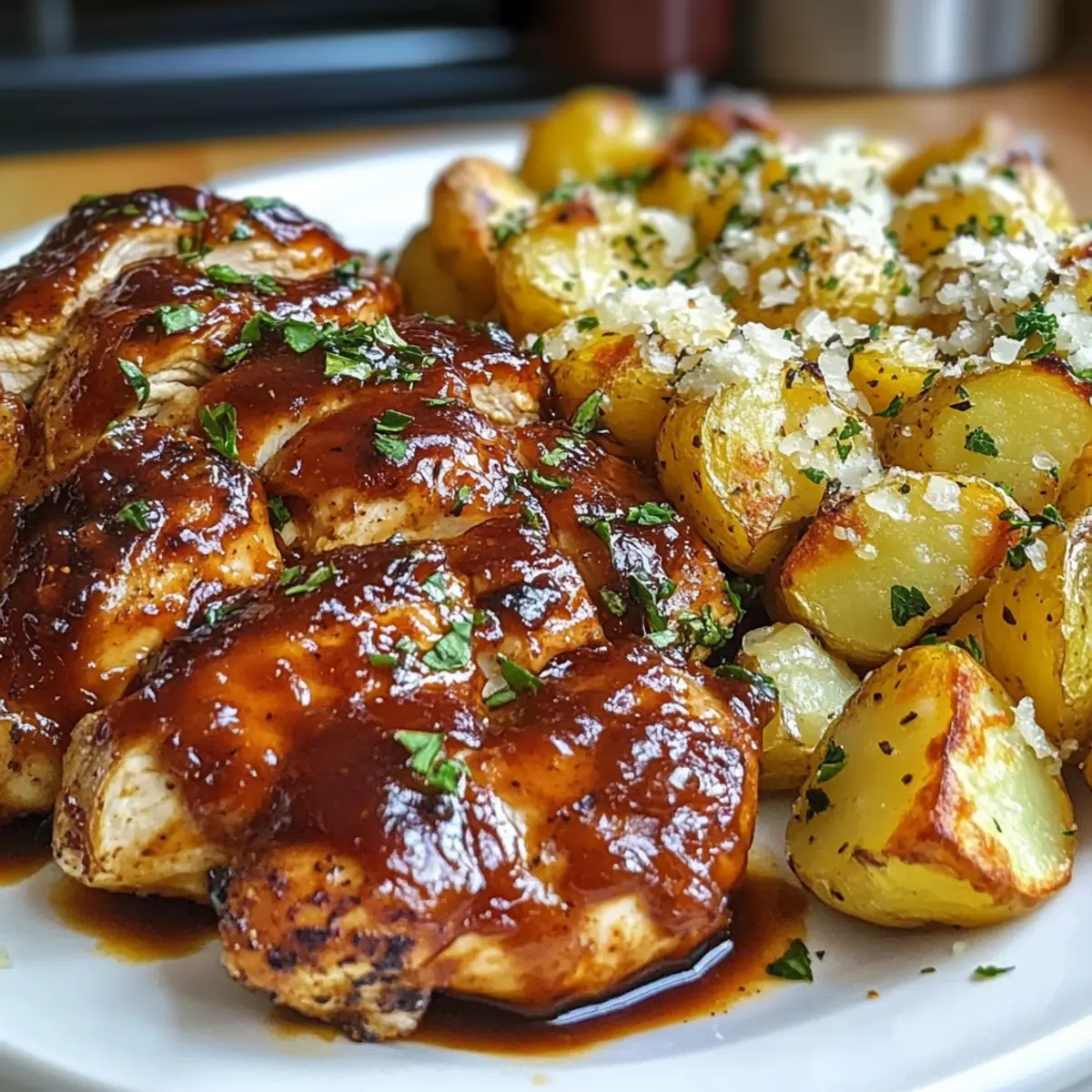 Honig-BBQ-Hähnchen mit Knoblauch-Parmesan-Kartoffeln