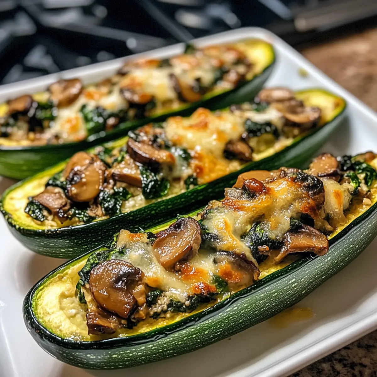 Spinat, Pilze und Ricotta gefüllte Zucchini-Boote Rezept