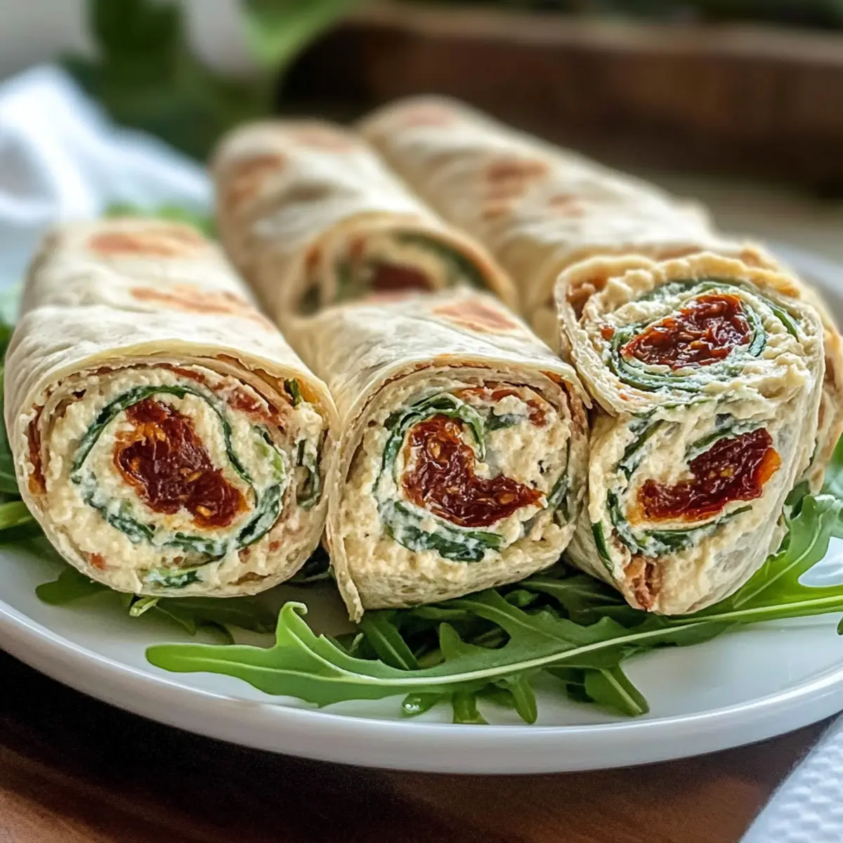 Vegetarische Wrap Röllchen mit Rucola und Tomaten rezept