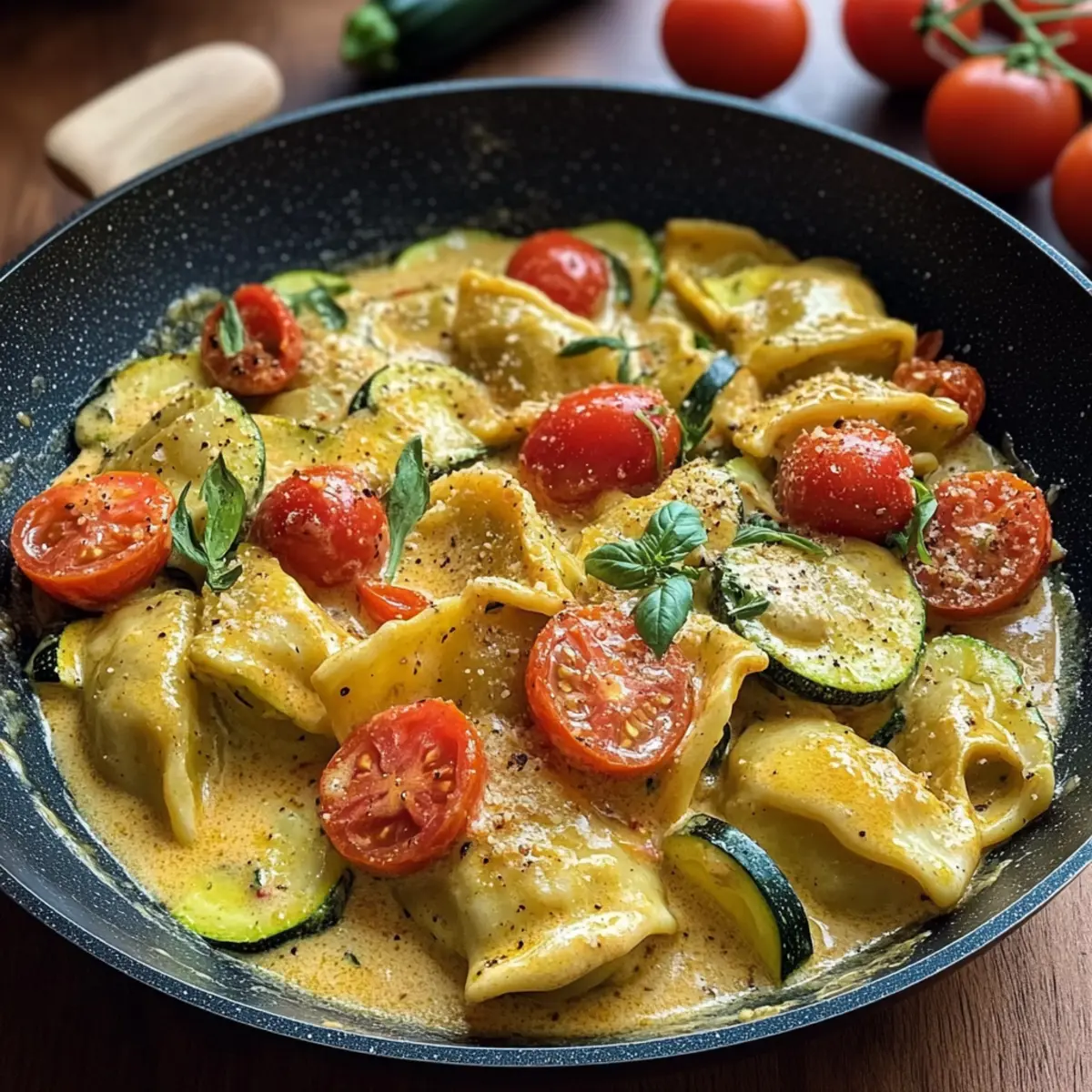 Cremige Maultaschenpfanne mit Zucchini und Tomaten