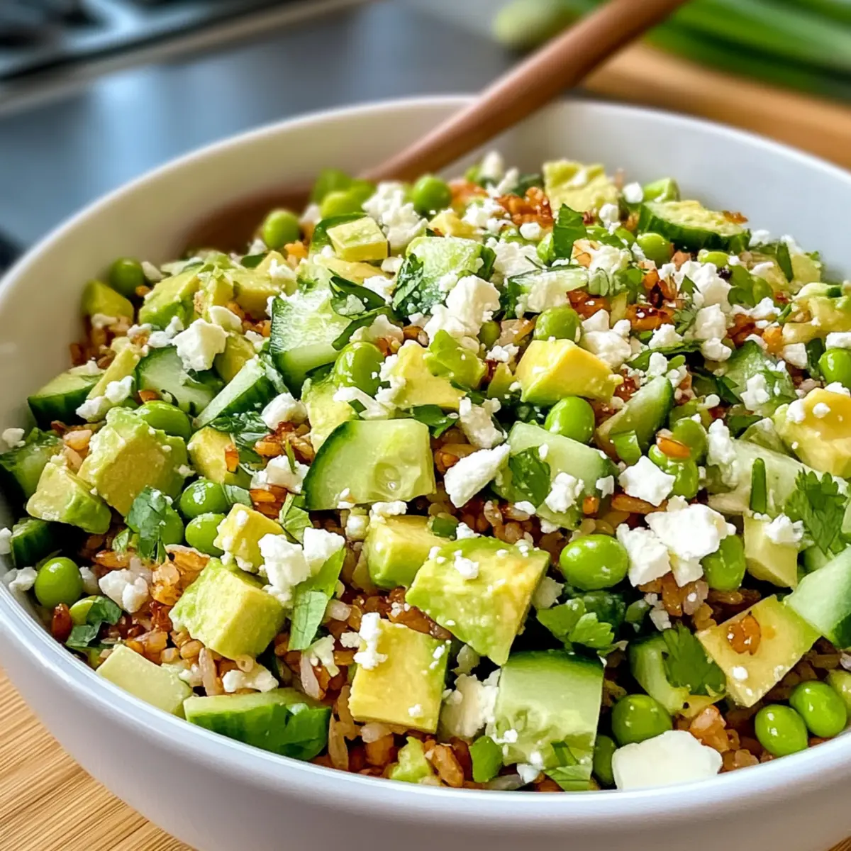 Crispy Reissalat mit Avocado und Edamame genießen