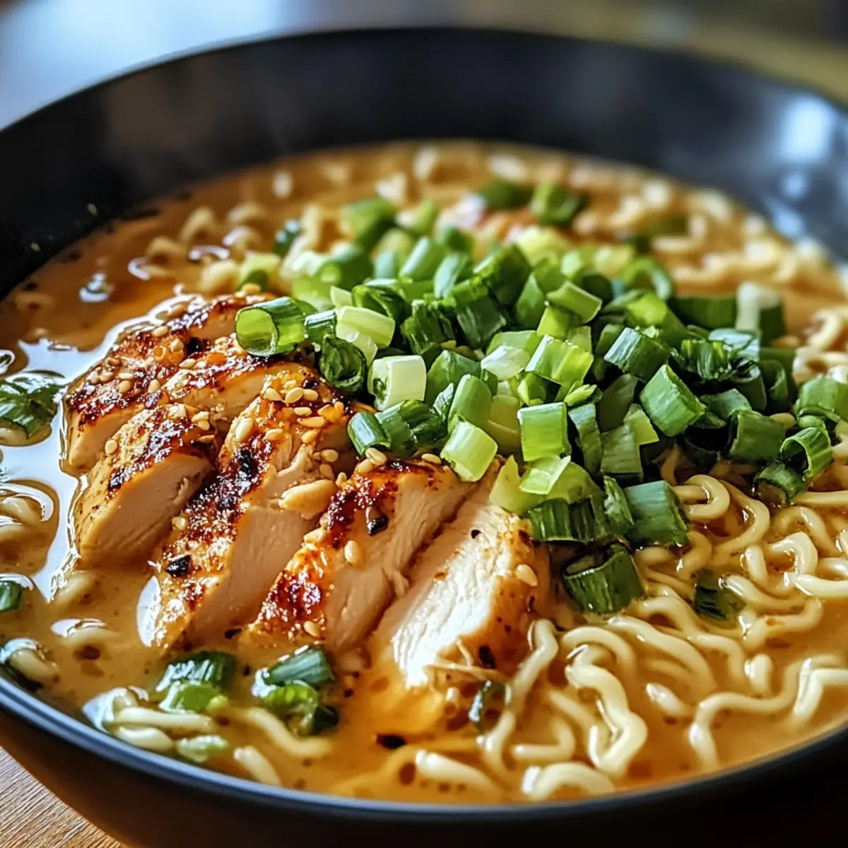 Scharfes Hühnchen Ramen mit cremiger Knoblauchsoße