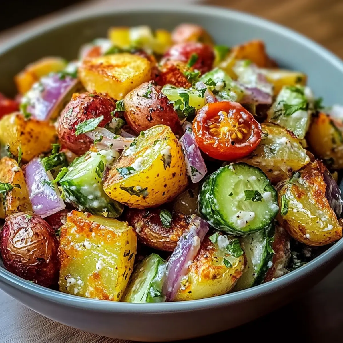 Knuspriger Kartoffelsalat mit frischen Gemüse