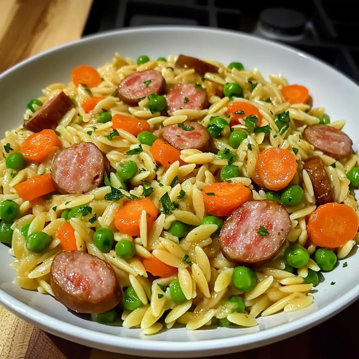 Kritharaki-Pfanne mit Würstchen für die ganze Familie